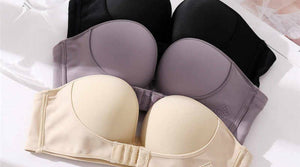 Mangolift strapless bra helps accentuate cleavage and provide lift all day. Comes in three colors: black, gray, and nude